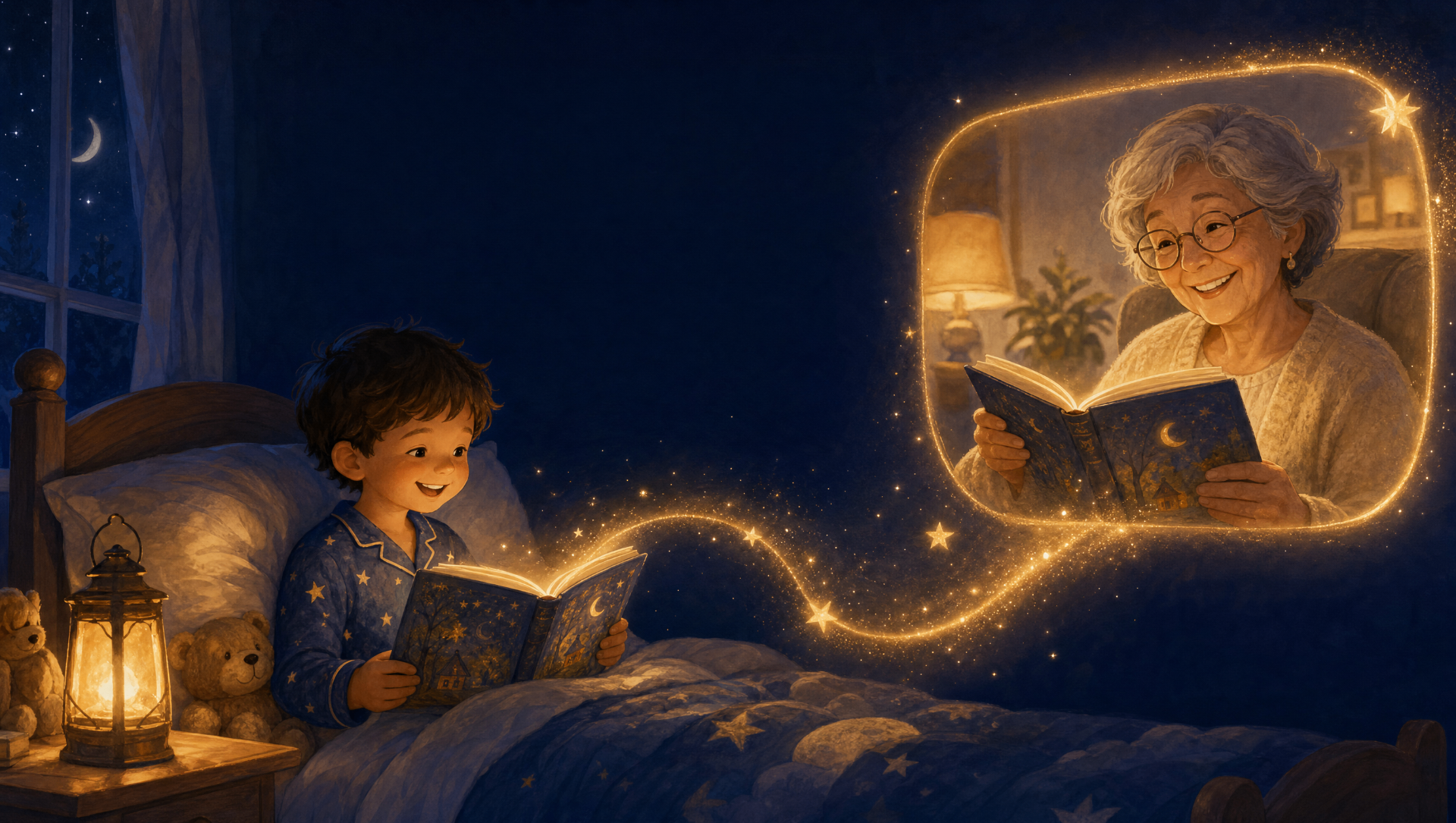 A child in bed reading a glowing storybook with a grandparent joining via a warm magical video frame